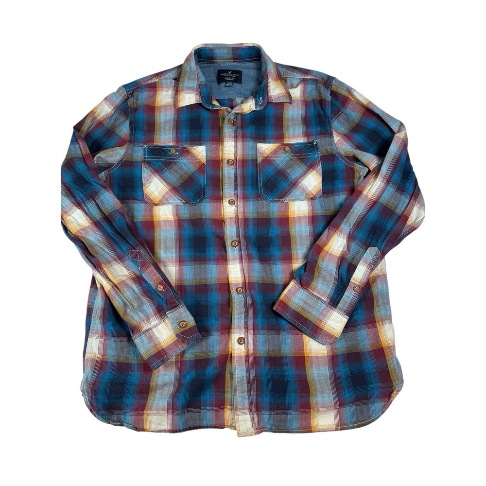American Eagle Outfitters Mens Large Blue Maroon Yellow‎ Plaid Button Up Shirt